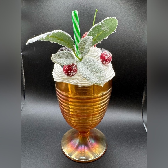 New OOAK Upcycled Carnival Glass Faux Whipped Dessert w/ Fruit Decor - Picture 3 of 4